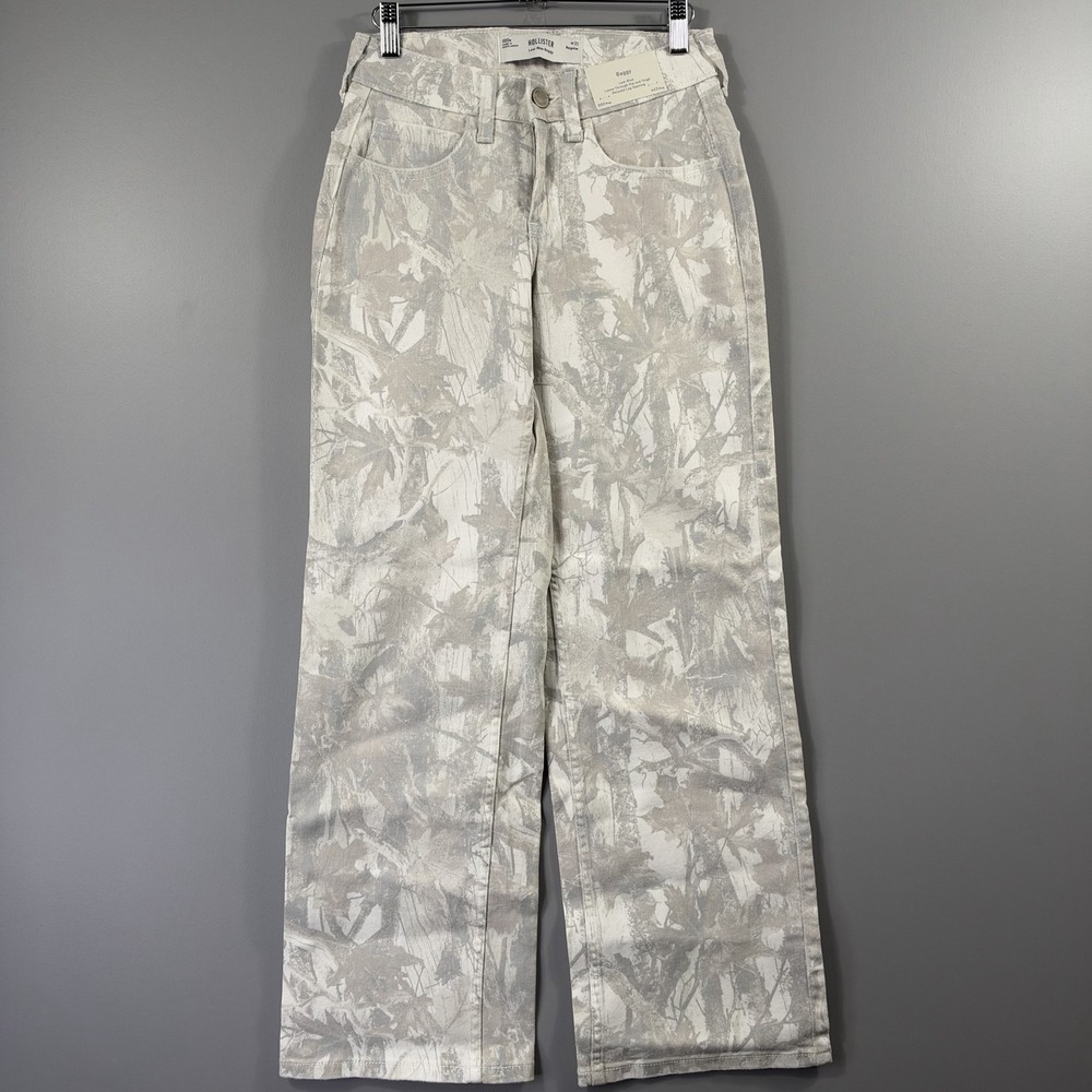 NWT Hollister Jeans Juniors 000 Beige Camo Print Low Rise Baggy Wide Leg Denim